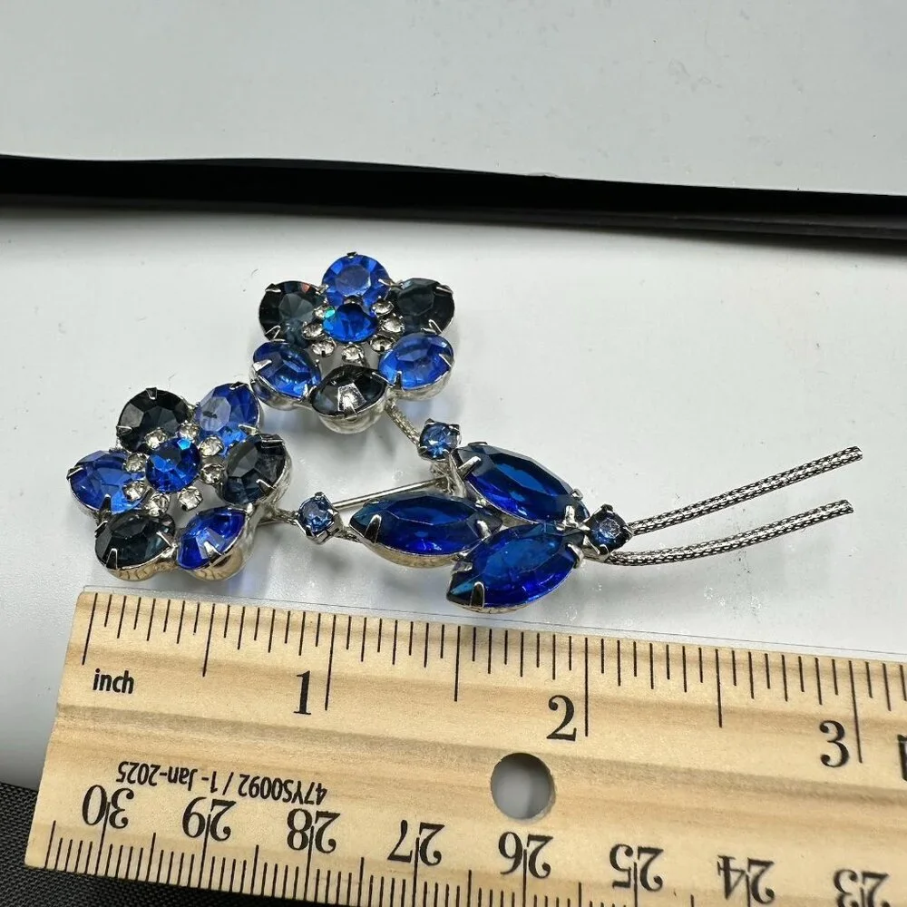 Vintage Blue Rhinestone Flower Brooch Silver Tone Floral Spray Pin 3 Inch